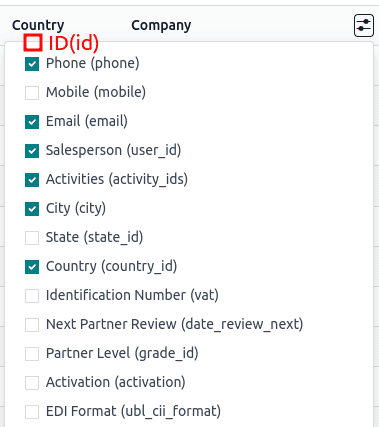 Ejemplo de cómo vamos a tener disponible la opción de seleccionar el  campo ID en las listas durante el modo debug