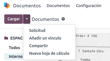 Captura de pantalla del menú de Documentos mediante el cuál puedes compartir o generar hojas de cálculo