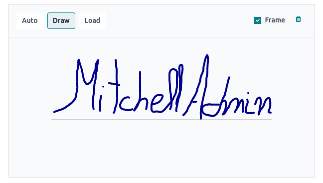 Captura de pantalla de una firma que ha sido dibujada en el momento dentro de la aplicación de Firma de Odoo