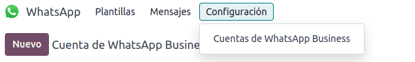 Muestra en primer plano del menú principal de WhatsApp en Odoo con el botón de Configuración seleccionado y desplegado