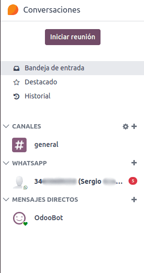 Modulo de Conversaciones con la opción de WhatsApp disponible