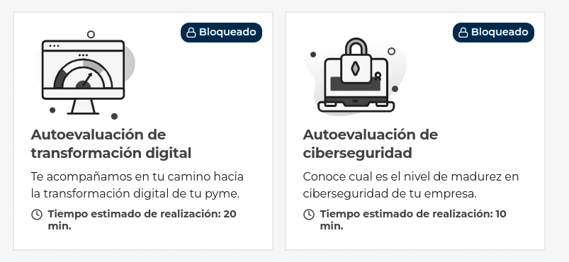 Ejemplo de dos de los tres autodiagnósticos (transformación digital y ciberseguridad) que puede realizar la PYME para elegir mejor a dónde destinar el bono de la subvención