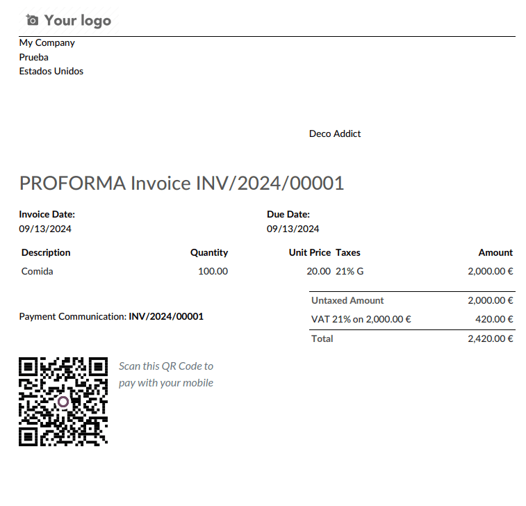 Ejemplo de factura con el QR de pago incorporado