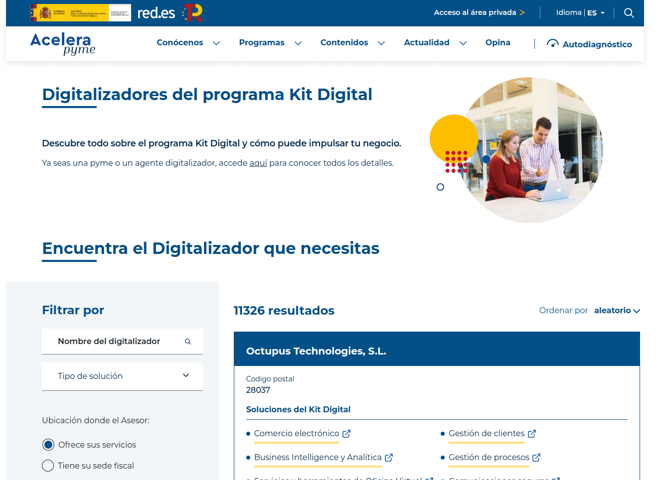 Página de Acelera PYME, en la que puedes encontrar a Octupus como tu agente digitalizador