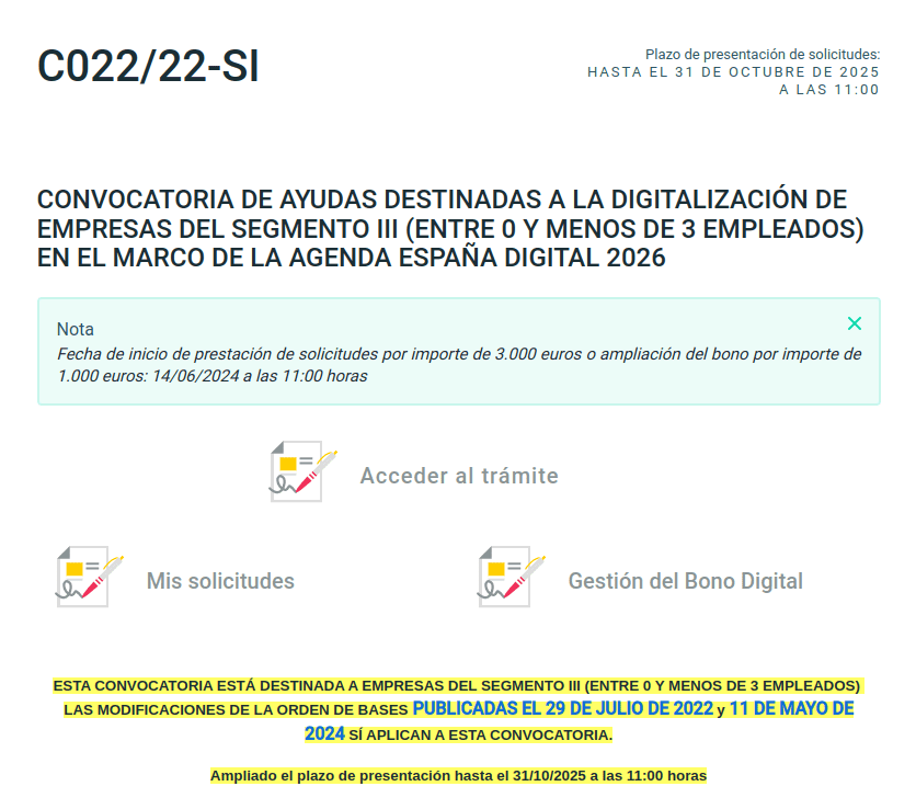 Ejemplo de haber seleccionado la subvención del Kit Digital del Segmento III