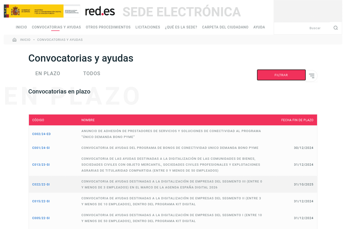 Página de sede.red.gob.es que e encuentra en la pestaña de Convocatorias y Ayudas