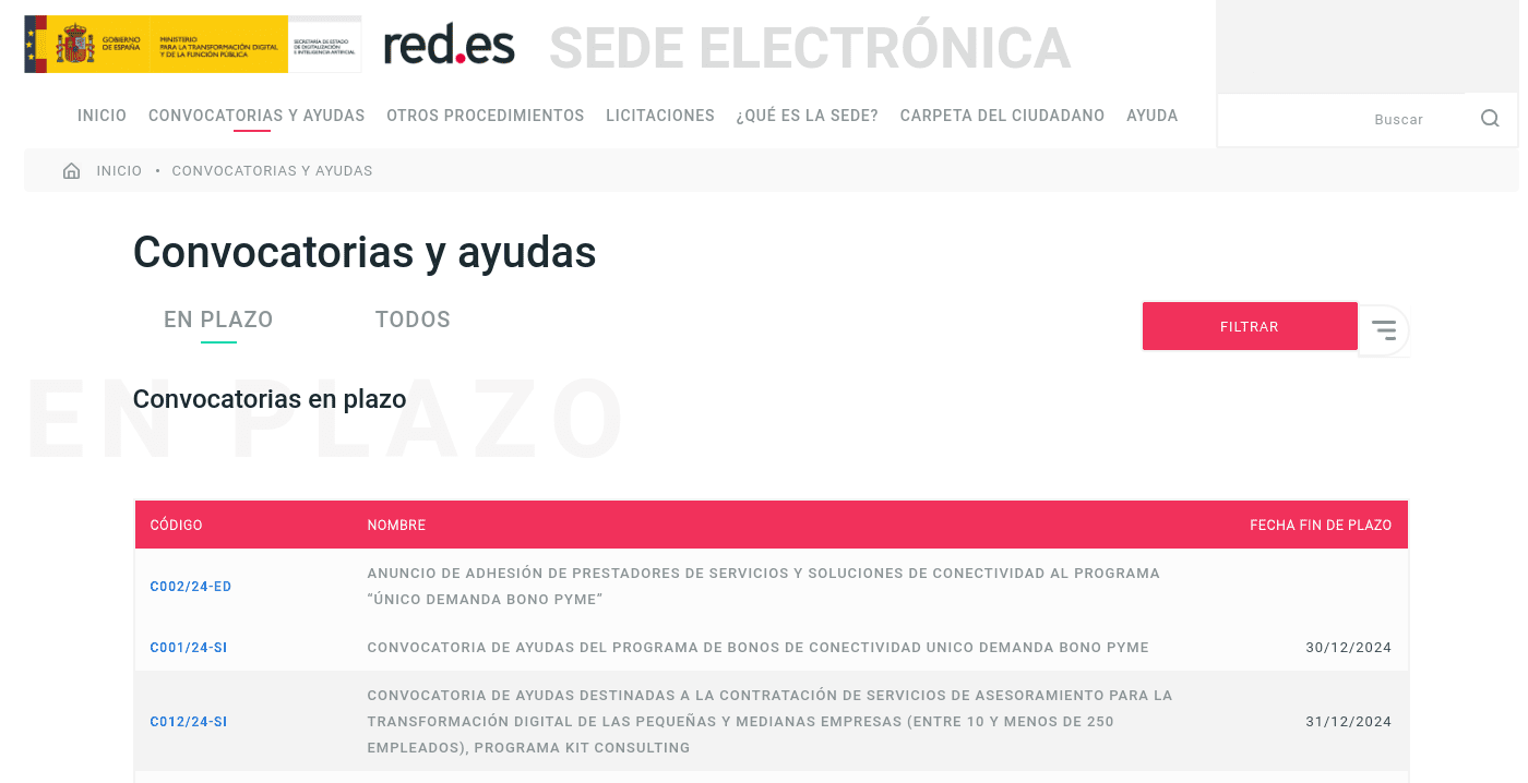 Página de sede.red.gob.es que e encuentra en la pestaña de Convocatorias y Ayudas