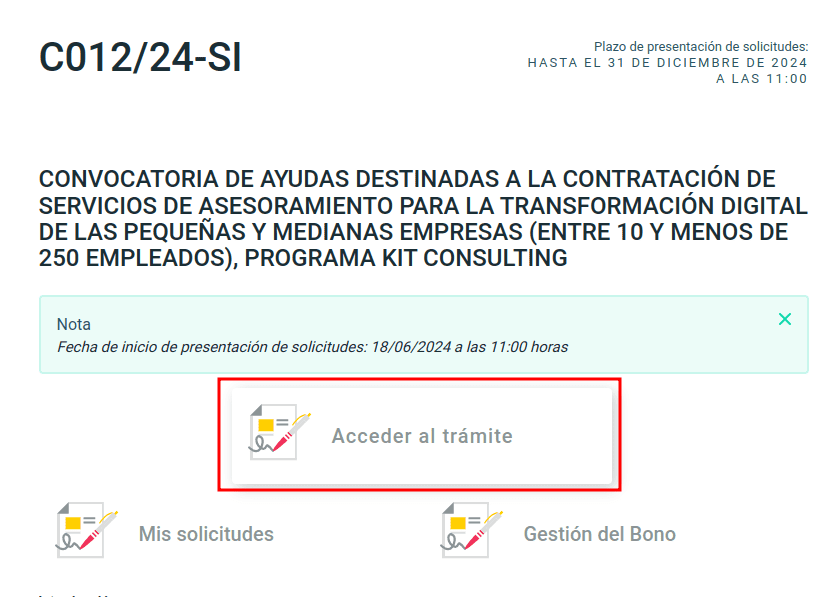 Botón de  Acceder al trámite del Kit Consulting presente en la web sede.red.gob.es