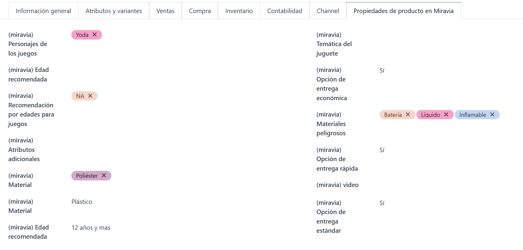 Vista de ejemplo de cómo desde Odoo puedes establecer las propiedades de los productos